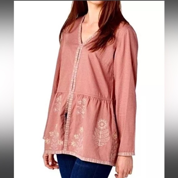 LOGO Lori Goldstein Boho Embroidered Jacket Mauve Size XL Hook Eye Closure NWT - Picture 2 of 9